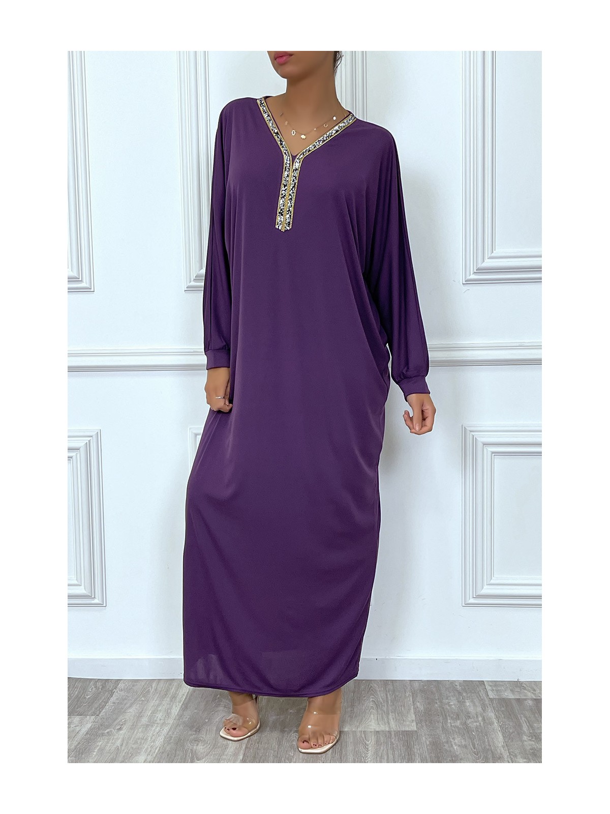 Abaya violet à encolure de strass et manches longues - 2