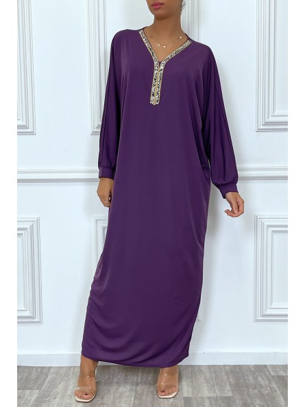 Abaya violet à encolure de strass et manches longues - 3