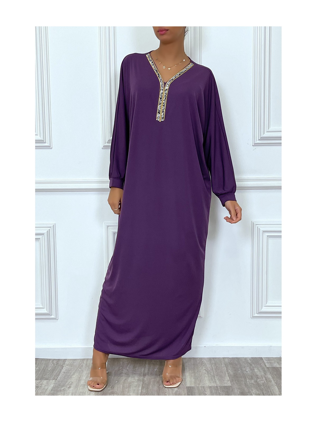 Abaya violet à encolure de strass et manches longues - 3