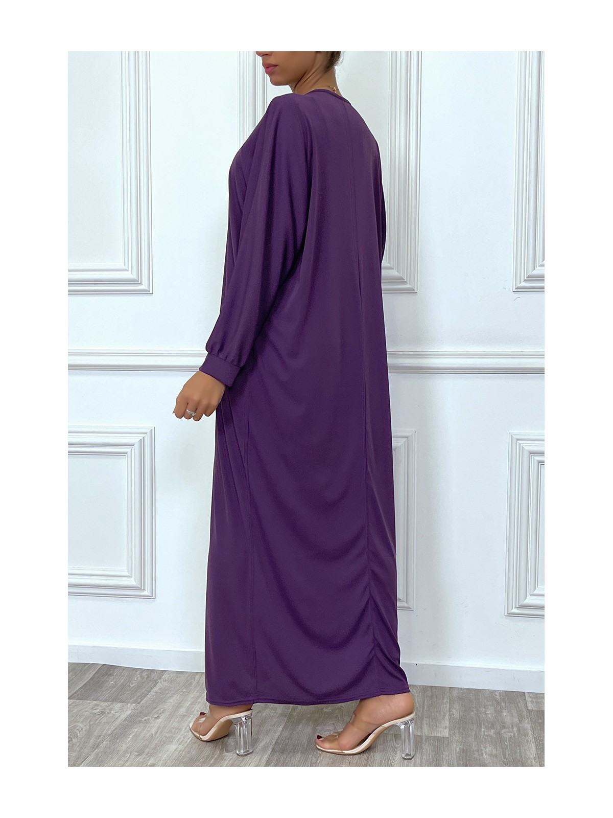 Abaya violet à encolure de strass et manches longues - 5