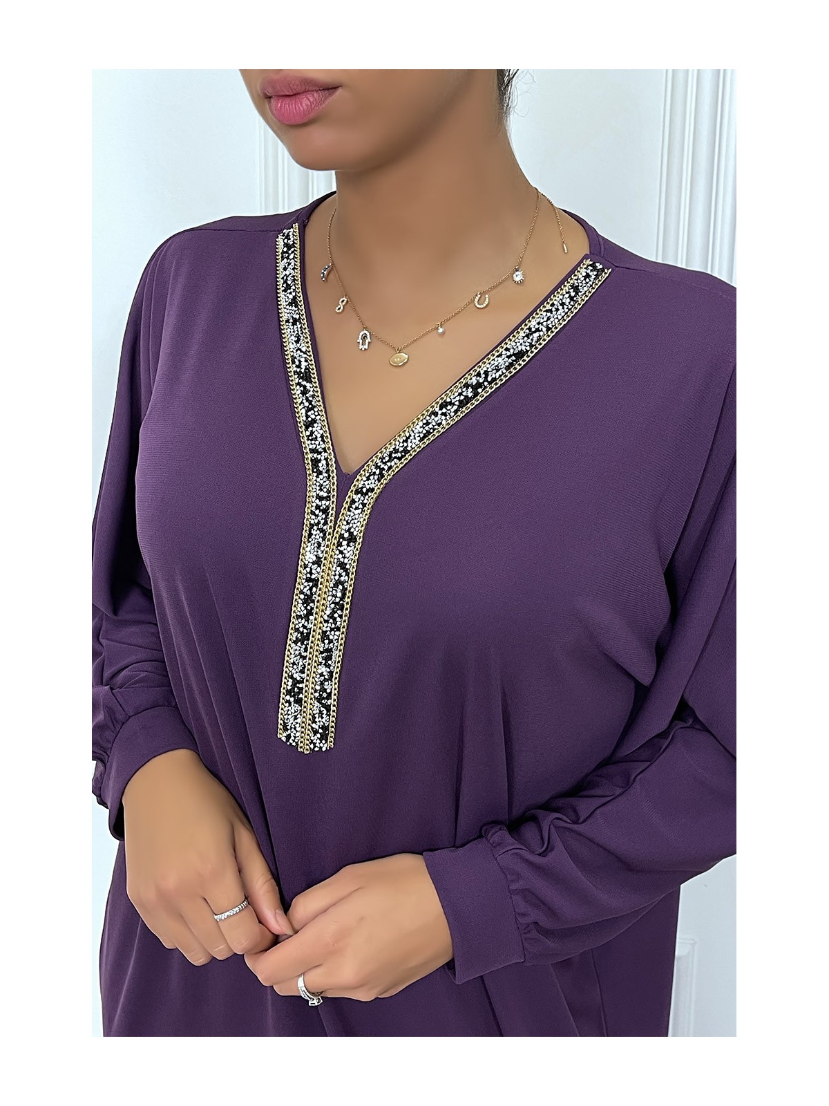 Abaya violet à encolure de strass et manches longues - 6