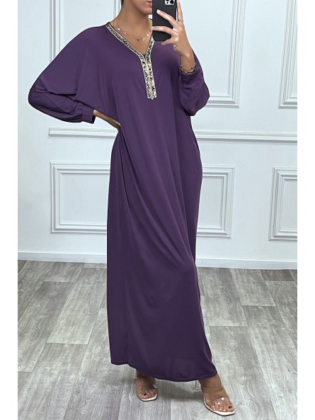 Abaya violet à encolure de strass et manches longues - 7