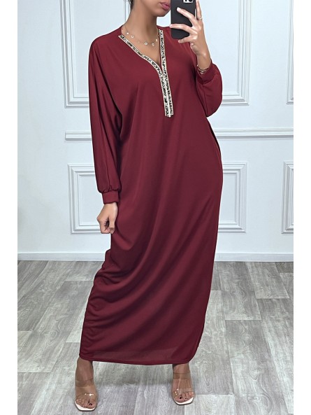 Abaya bordeaux à encolure de strass et manches longues - 3