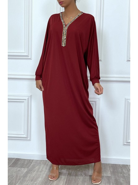 Abaya bordeaux à encolure de strass et manches longues - 5