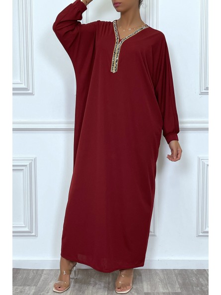 Abaya bordeaux à encolure de strass et manches longues - 6