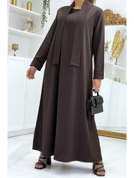 Longue abaya marron avec poches et ceinture - 1