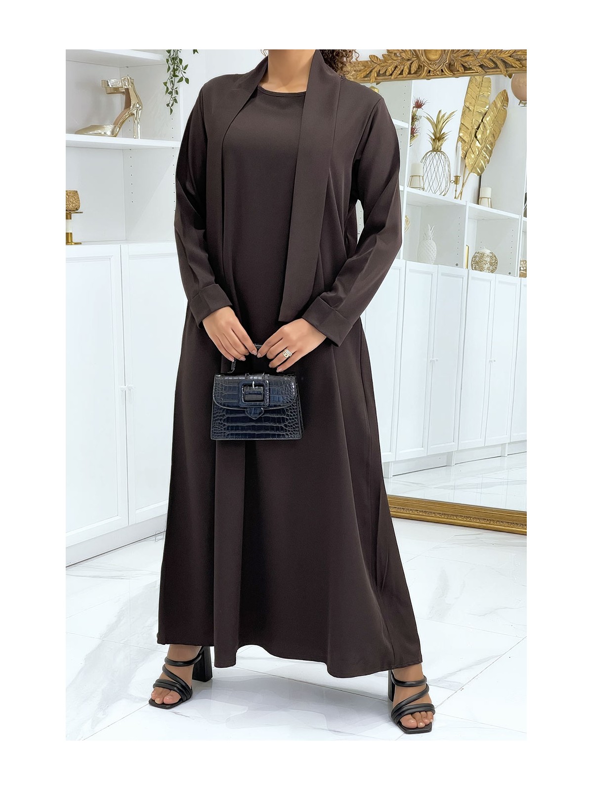Longue abaya marron avec poches et ceinture - 2