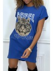 Robe t-shirt royal avec poches et écriture REBEL avec dessin de lion - 2