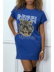 Robe t-shirt royal avec poches et écriture REBEL avec dessin de lion - 3