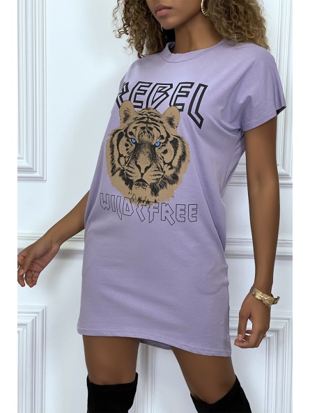 Robe t-shirt lila avec poches et écriture REBEL avec dessin de lion - 2