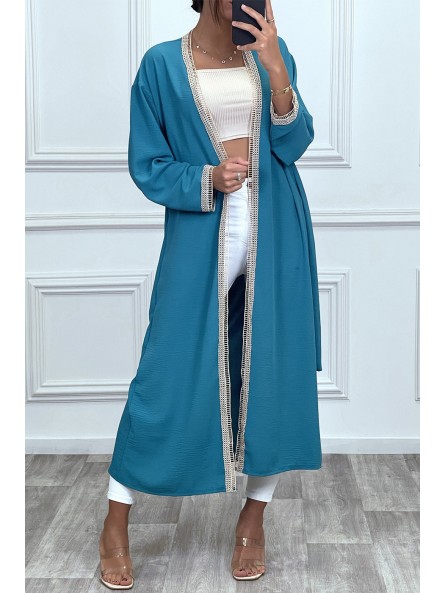 Kimono bleu canard à bordure brodé beige et ceinture - 2
