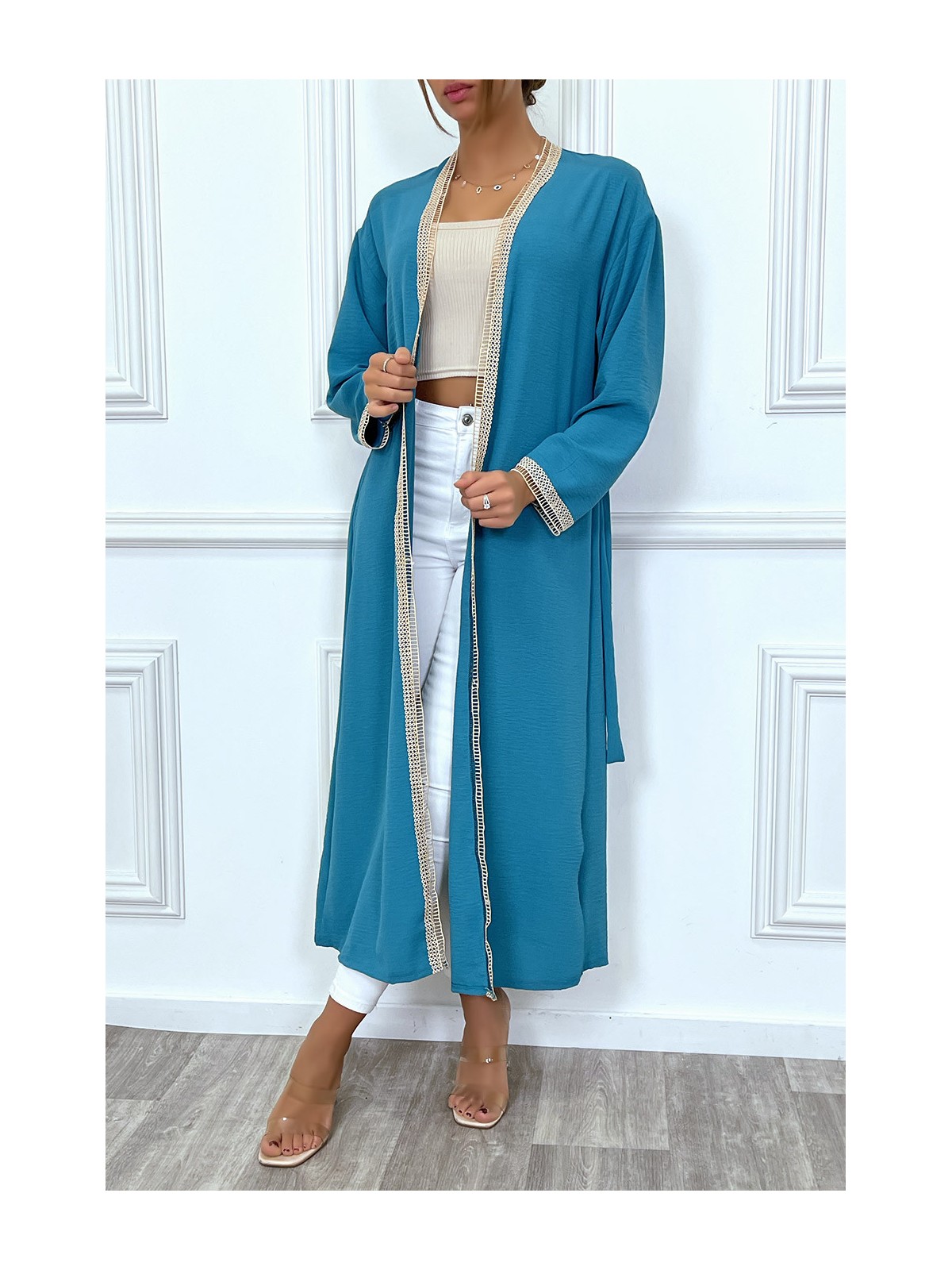 Kimono bleu canard à bordure brodé beige et ceinture - 3