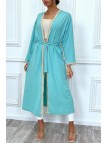 Kimono turquoise à bordure brodé beige et ceinture - 1