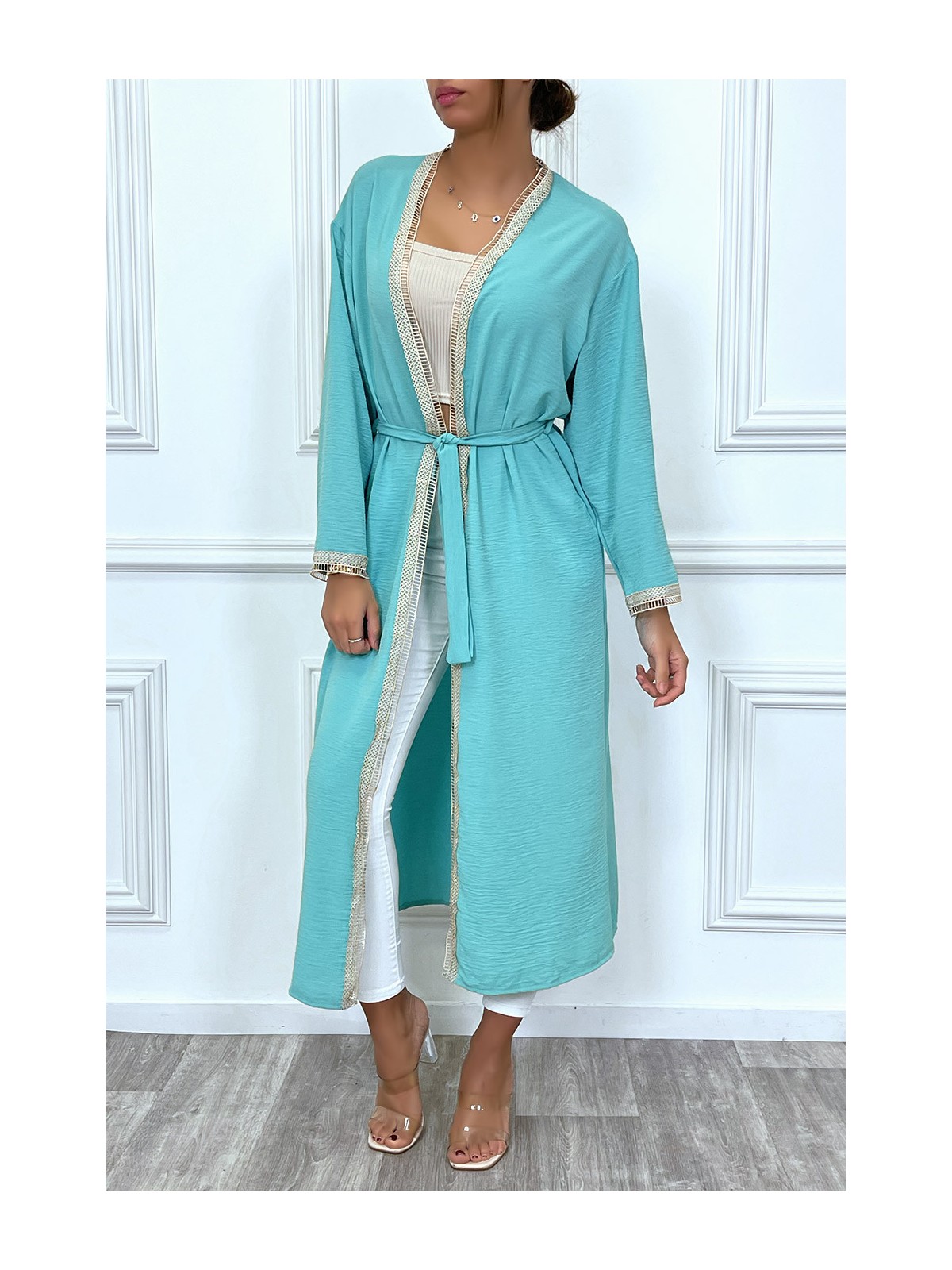 Kimono turquoise à bordure brodé beige et ceinture - 2