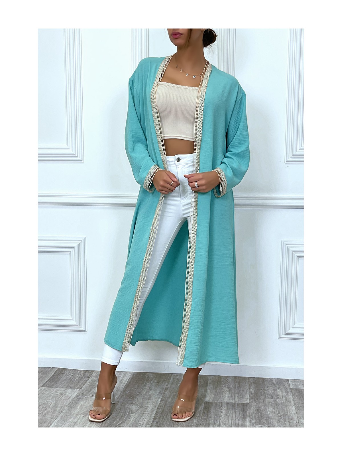 Kimono turquoise à bordure brodé beige et ceinture - 5