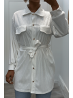 Longue sur chemise blanche côtelé bien épais avec poches et ceinture - 1