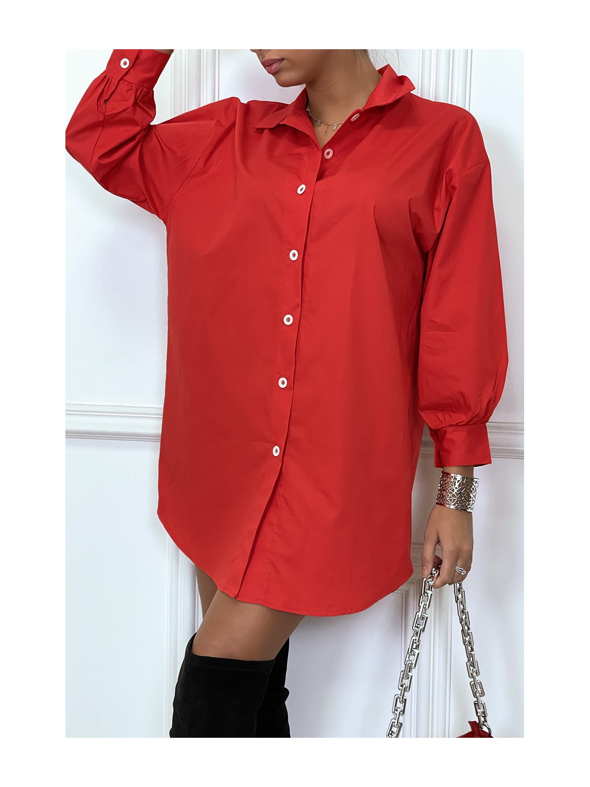 Robe chemise rouge asymétrique en coton - 1