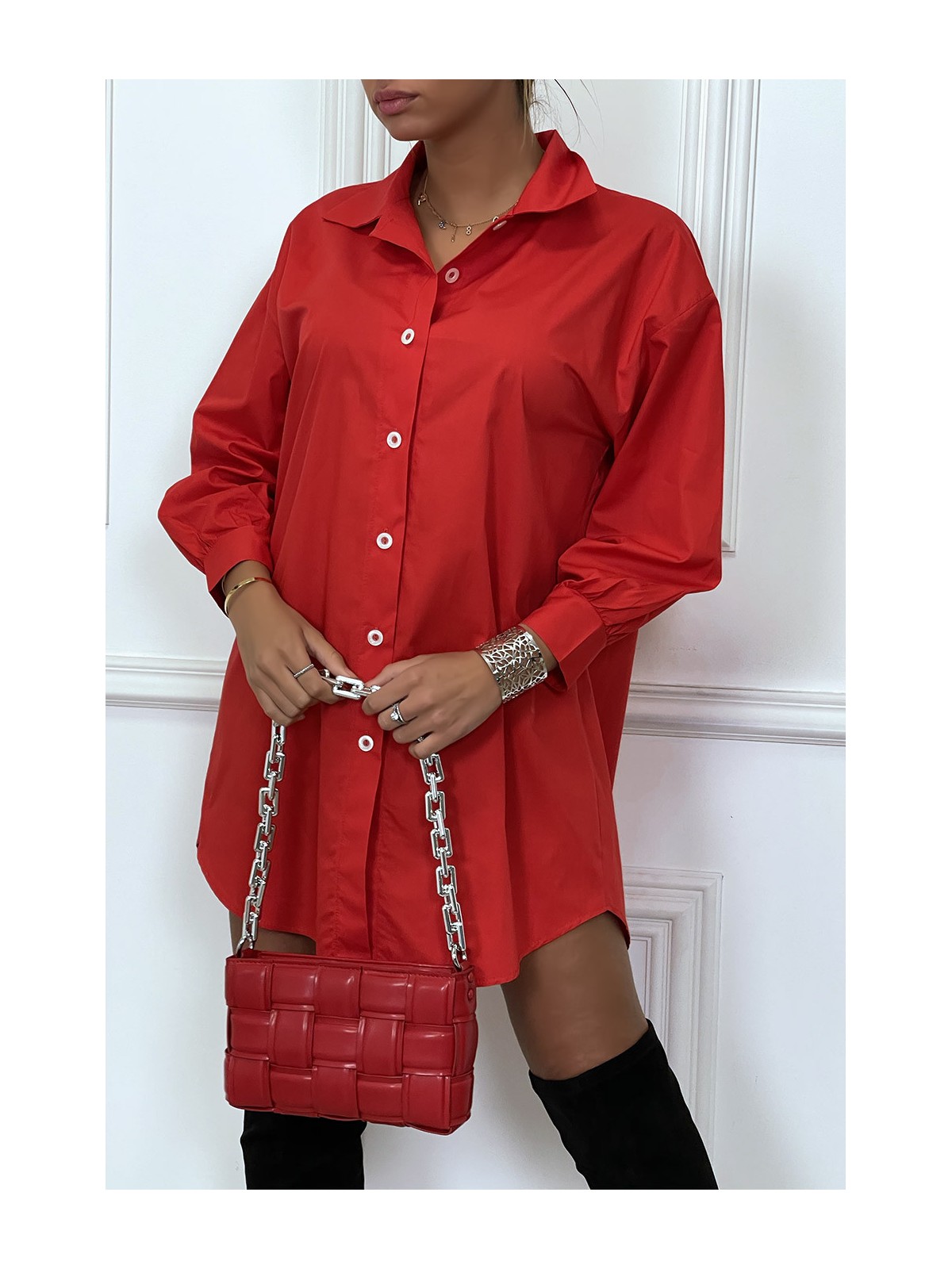 Robe chemise rouge asymétrique en coton - 3