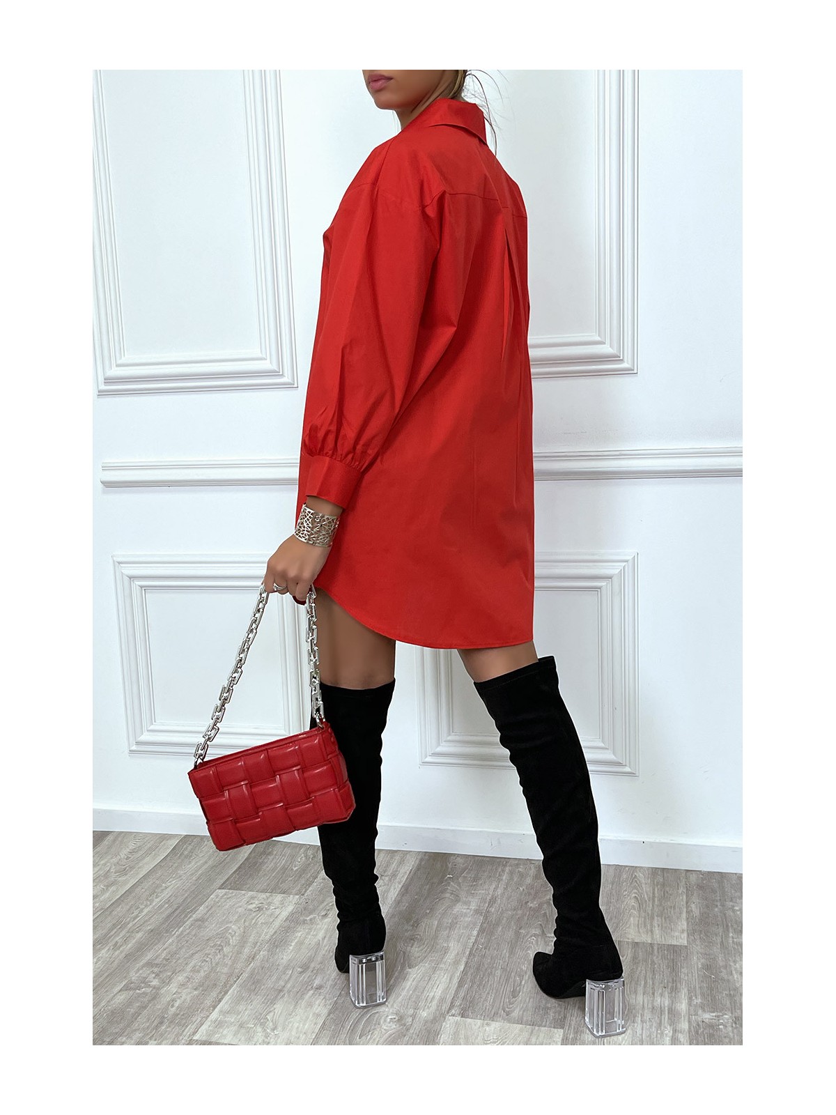 Robe chemise rouge asymétrique en coton - 5