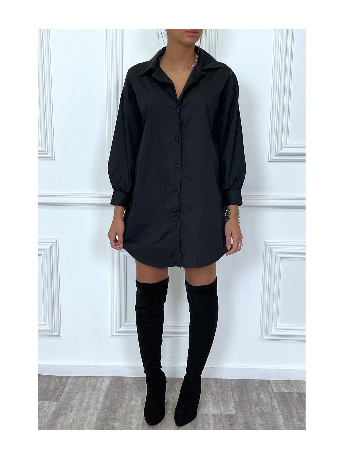 Robe chemise noire asymétrique en coton - 2