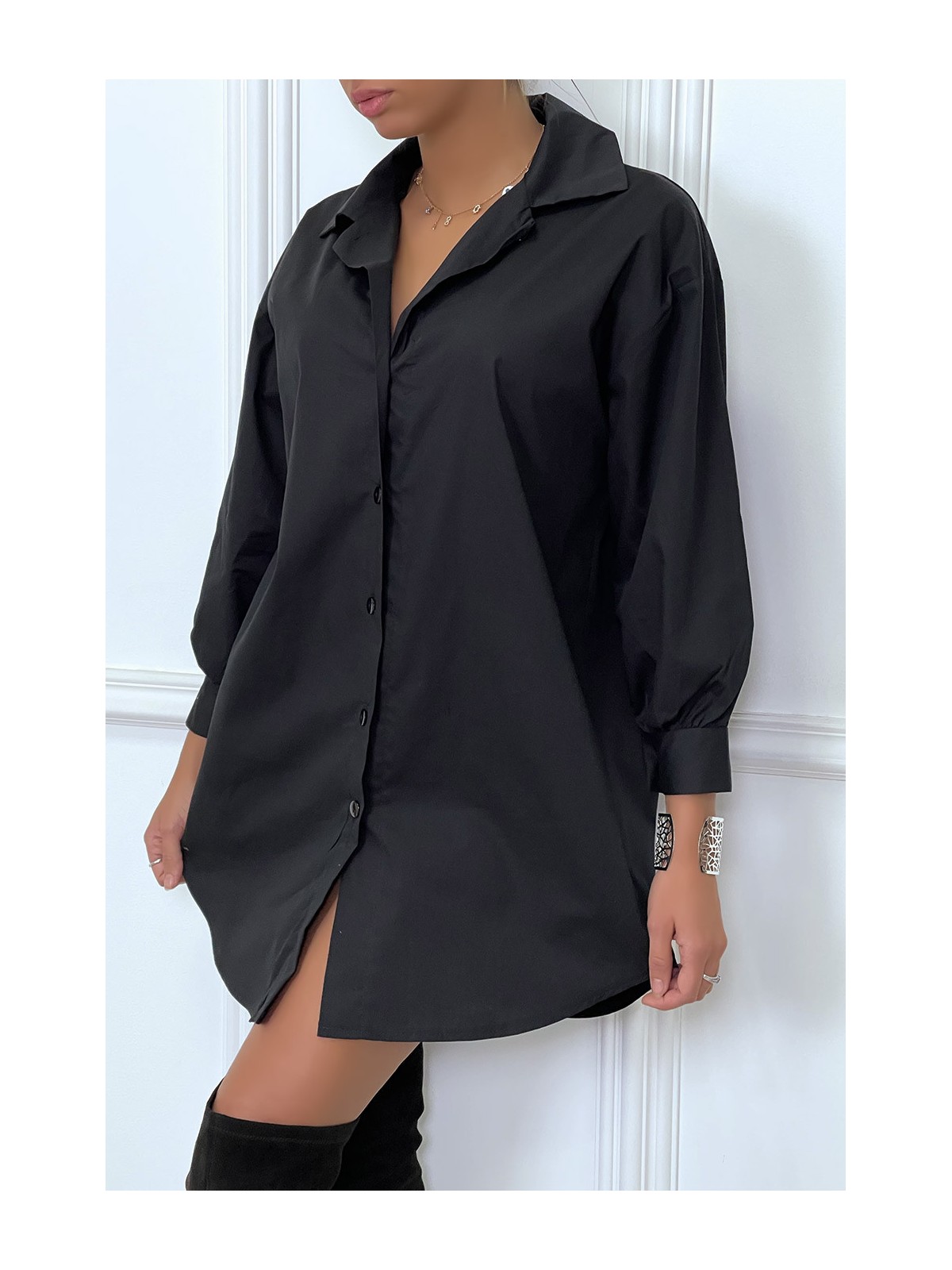 Robe chemise noire asymétrique en coton - 4