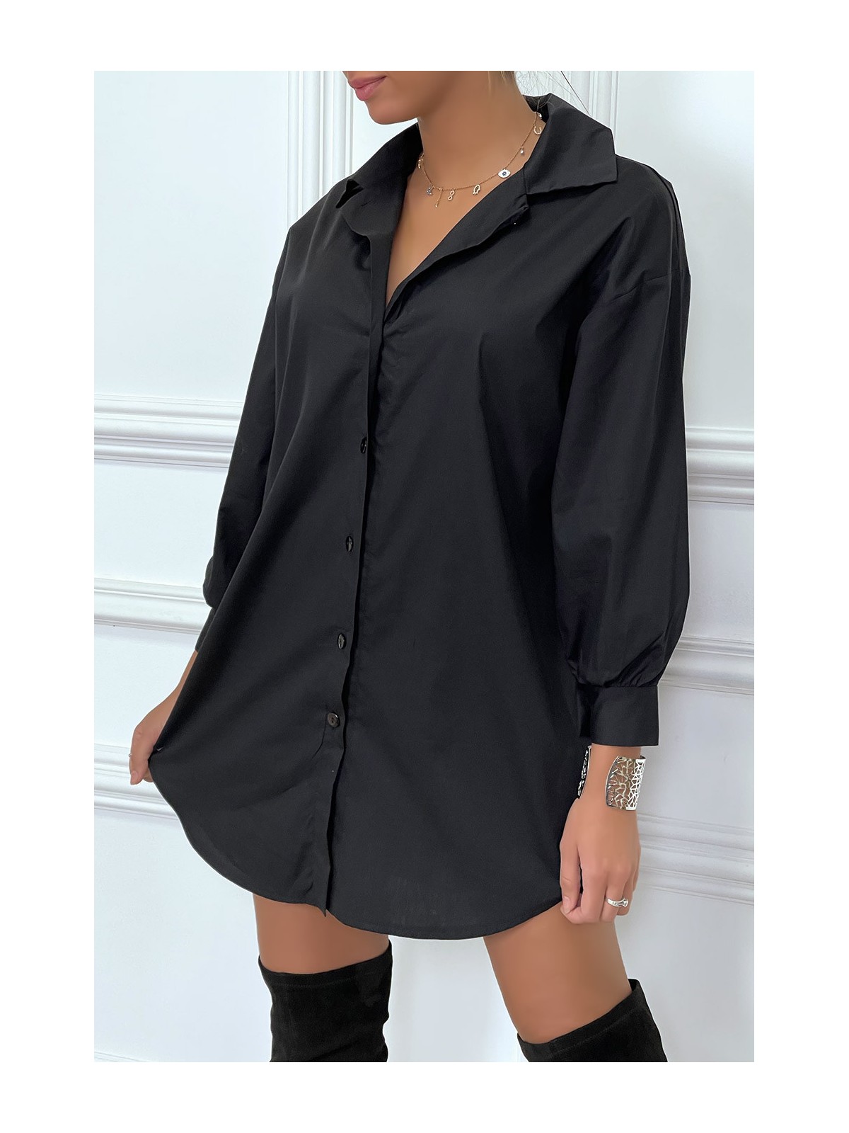 Robe chemise noire asymétrique en coton - 6