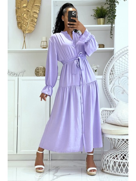 Longue robe lilas à boutons et manches longues ample et confortable - 1