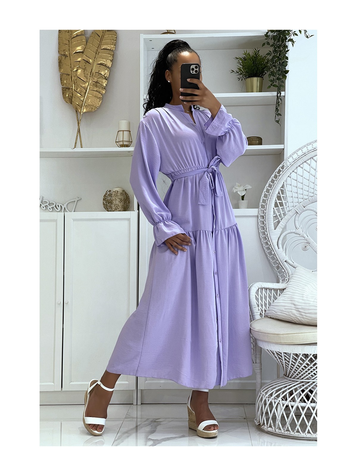 Longue robe lilas à boutons et manches longues ample et confortable - 2