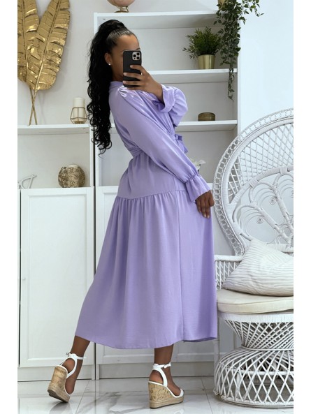 Longue robe lilas à boutons et manches longues ample et confortable - 3