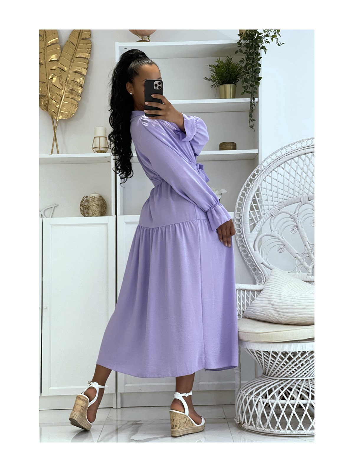 Longue robe lilas à boutons et manches longues ample et confortable - 3