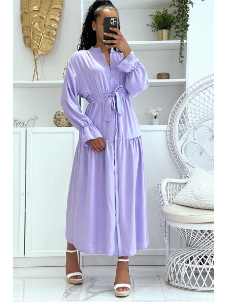 Longue robe lilas à boutons et manches longues ample et confortable - 4