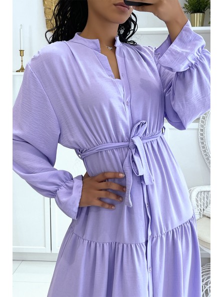 Longue robe lilas à boutons et manches longues ample et confortable - 5