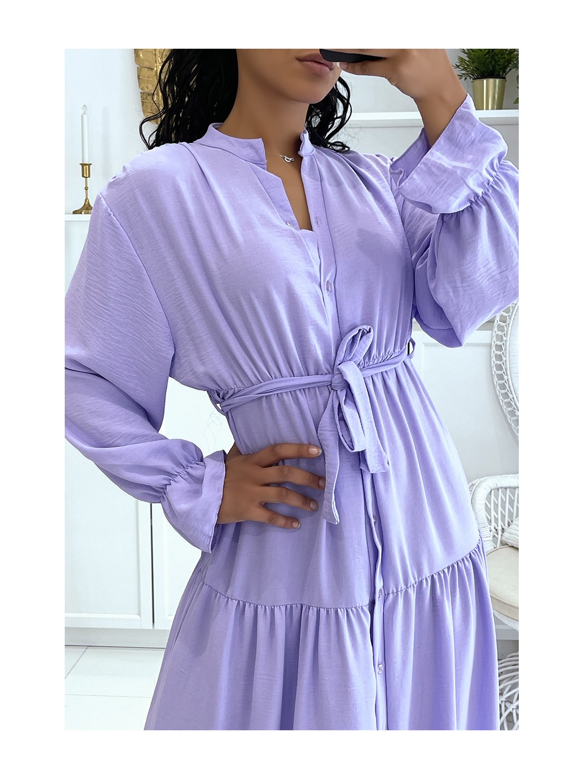 Longue robe lilas à boutons et manches longues ample et confortable - 5