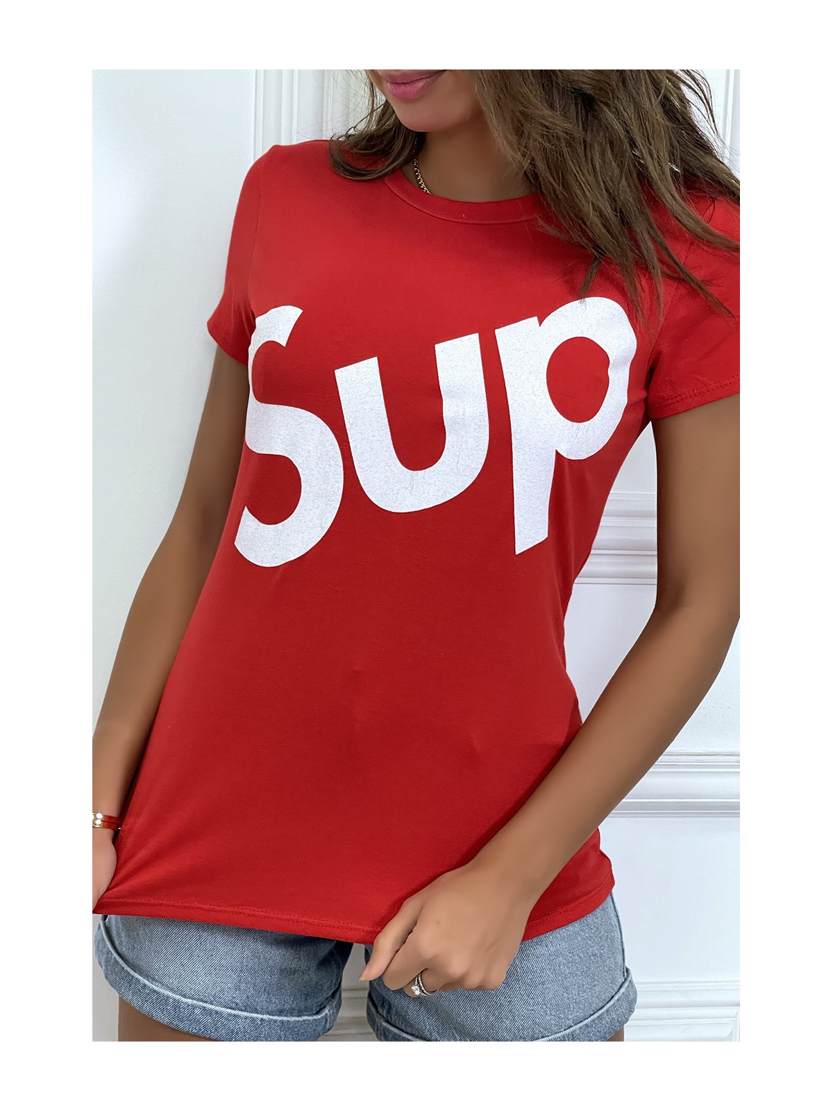 T-shirt écriture "sup" rouge manches courtes - 2