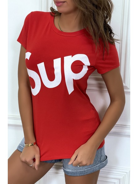 T-shirt écriture "sup" rouge manches courtes - 3