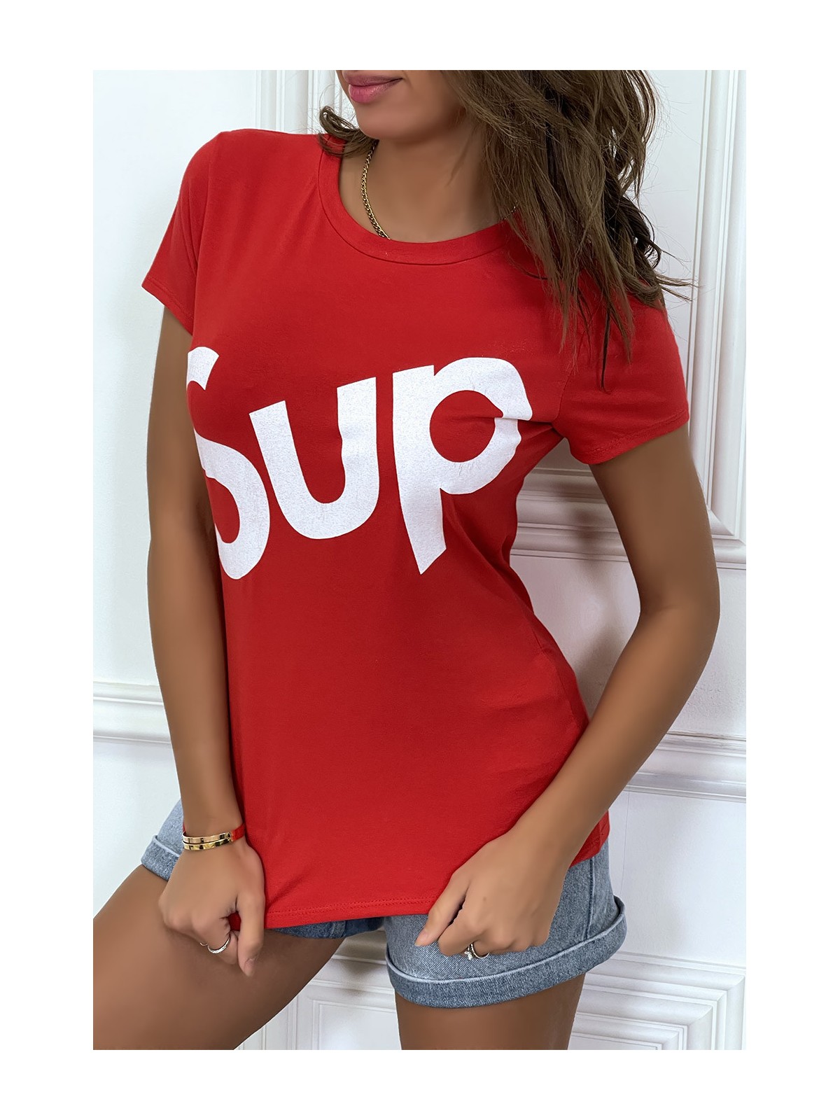 T-shirt écriture "sup" rouge manches courtes - 3