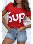 T-shirt écriture "sup" rouge manches courtes - 5