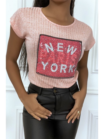 T-shirt rose côtelé à sequin inscription NEW YORK - 1
