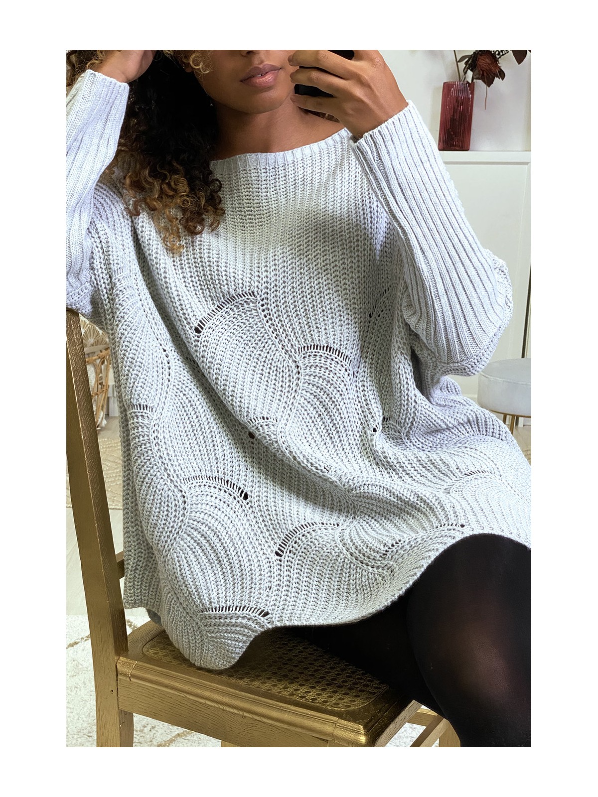 Pull gris over size motif feuilles - 1