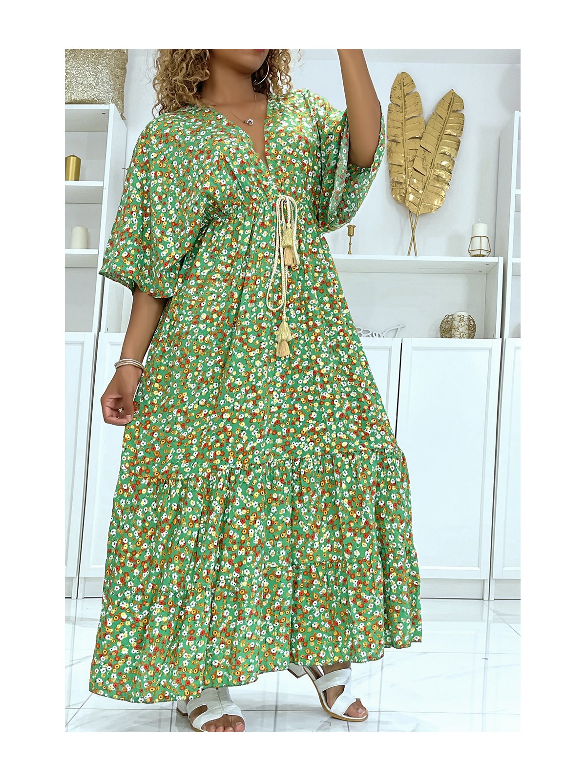 LoLLue robe verte fleurie à petite fleur dorée et magnifique imprimé floral multicolore - 1