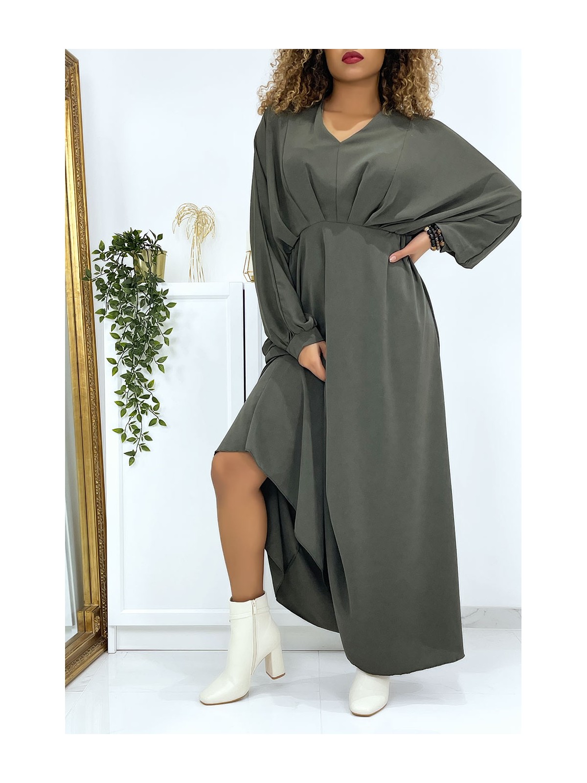 Longue robe kaki col V over size - 4