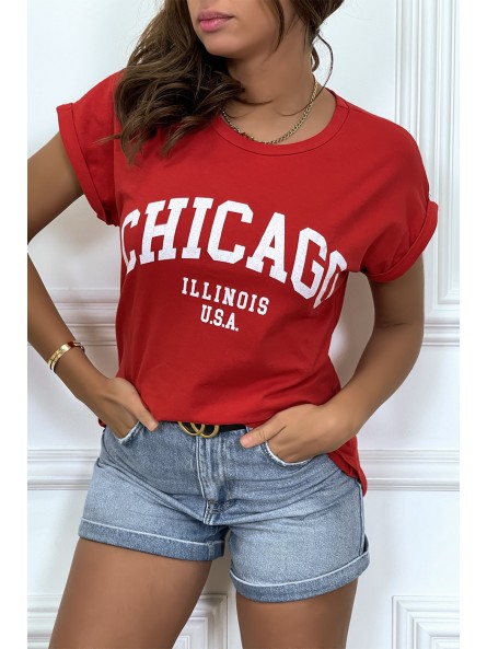 T-CCirt Chicago en rouge légèrement ample avec manches revers - 1