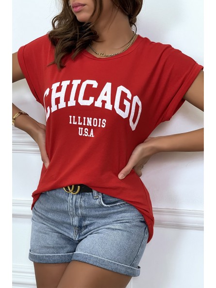 T-CCirt Chicago en rouge légèrement ample avec manches revers - 4