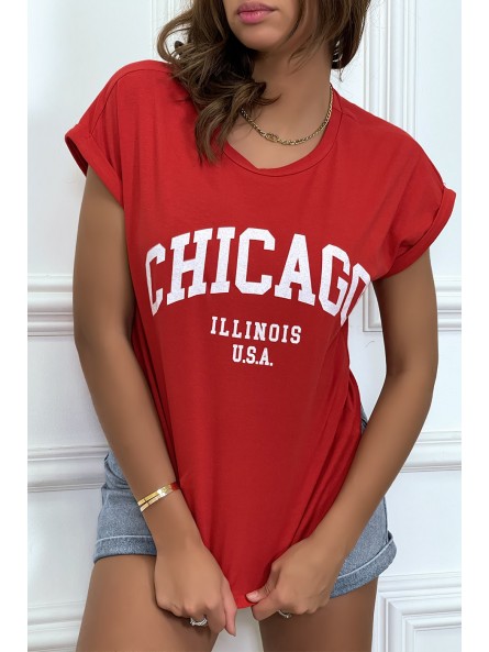T-CCirt Chicago en rouge légèrement ample avec manches revers - 5