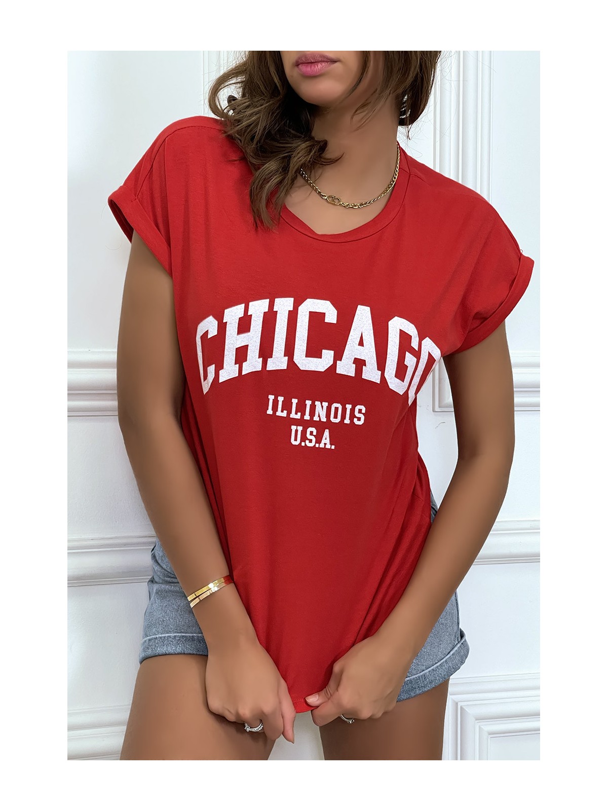 T-CCirt Chicago en rouge légèrement ample avec manches revers - 5