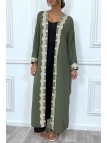 KiLKno long ceinturé style abaya kaki avec broderie doré - 4