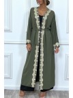 KiLKno long ceinturé style abaya kaki avec broderie doré - 5