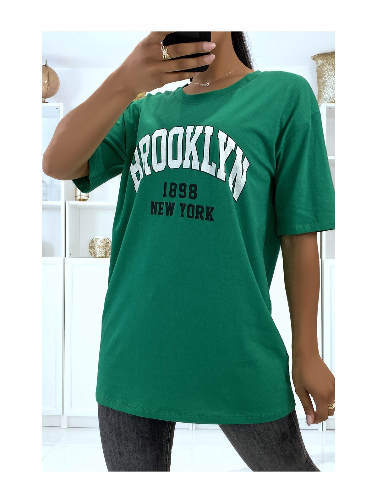 T-shirt Oversize vert à écriture Brooklyn 1998 - 1