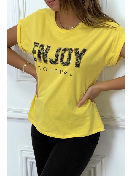 T-EEirt jaune ENJOY avec manches revers et coupe loose. T-shirt femme fashion - 3
