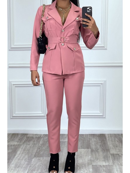 EnPEmble tailleur rose veste et pantalon avec ceinture réglable - 1